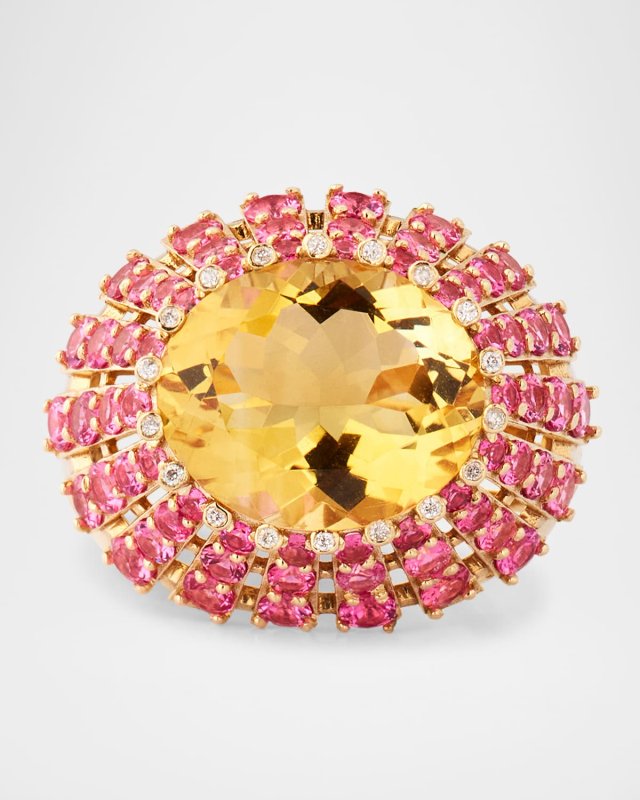 14K Yellow Gold Pink Spinel Raised Citrine Statement Ring with Diamonds